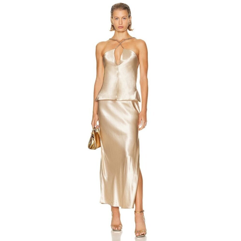 Ferragamo Satin Skirt in Beige 38 New Womens Maxi Gold Long Formal
